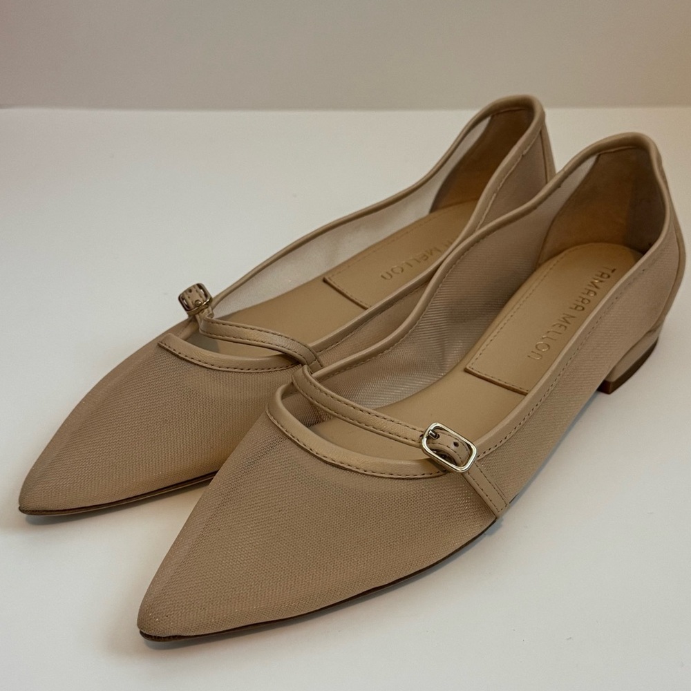 Tamara Mellon Beige Pointed-Toe Mary Jane Flats
